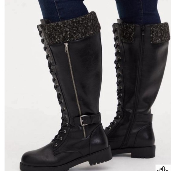 TORRID Black Faux Leather Sweater-Trimmed Knee-High Combat Boot Sz 12 - Picture 3 of 10